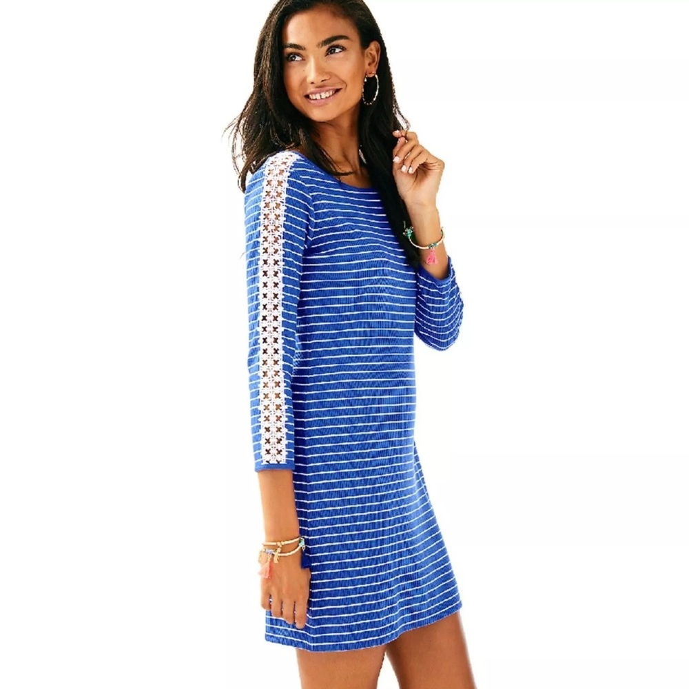 Lilly Pulitzer MARLOWE BECKON Blue BREEZE Striped Rib Knit Dress Crochet SMALL - Picture 1 of 15